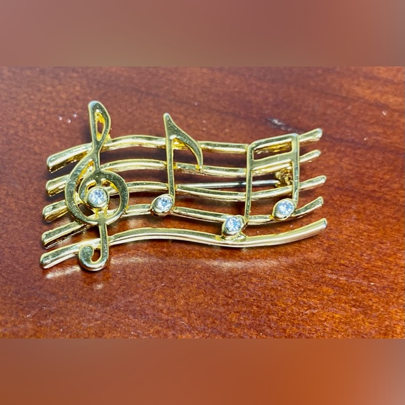 Brooch Gold Tone Rhinestone Musical Notes Brooch Pin - Picture 3 of 6